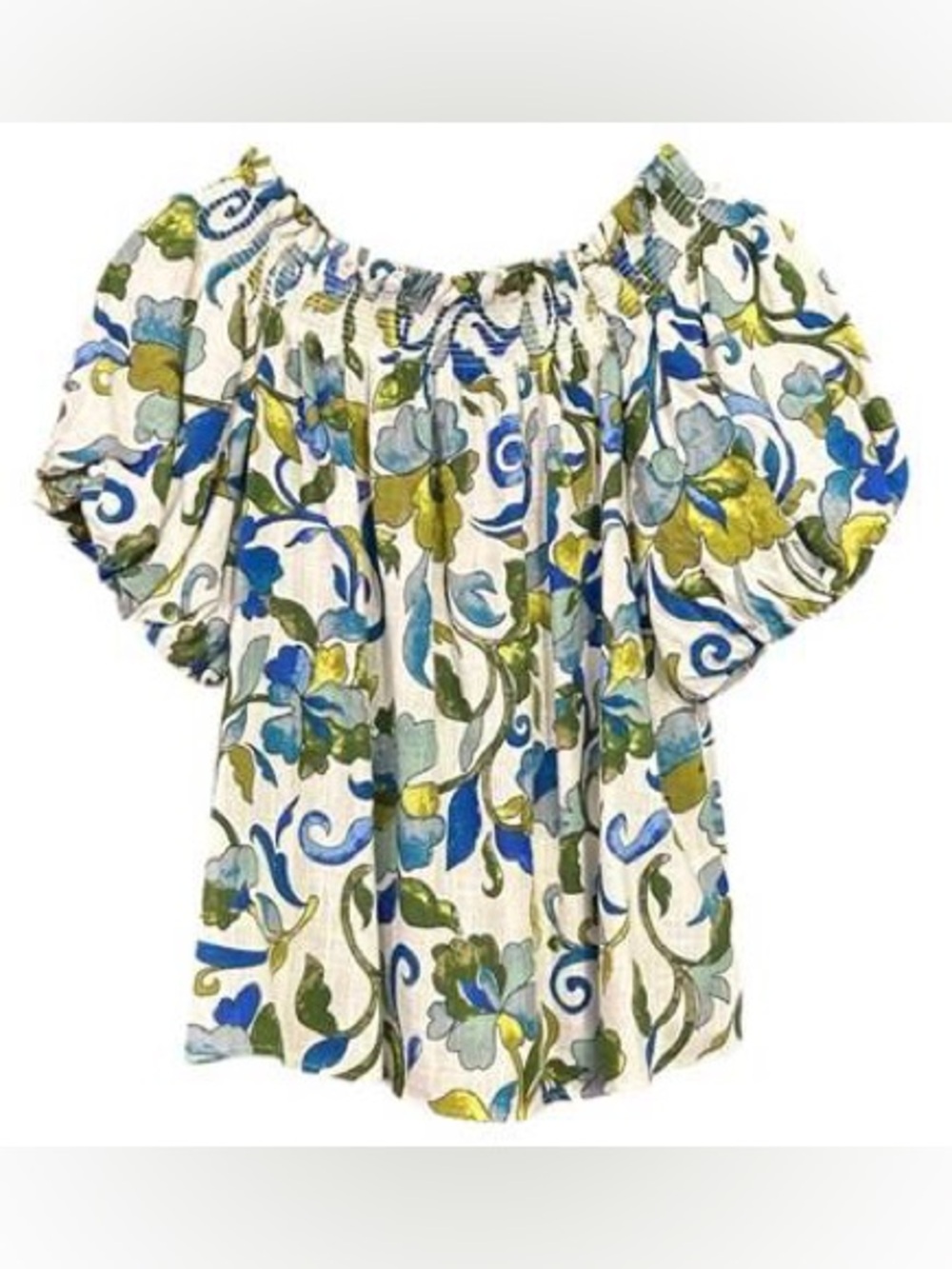 EUC – CeCe Floral Linen Blend Off Shoulder Smocked Blouse – Medium